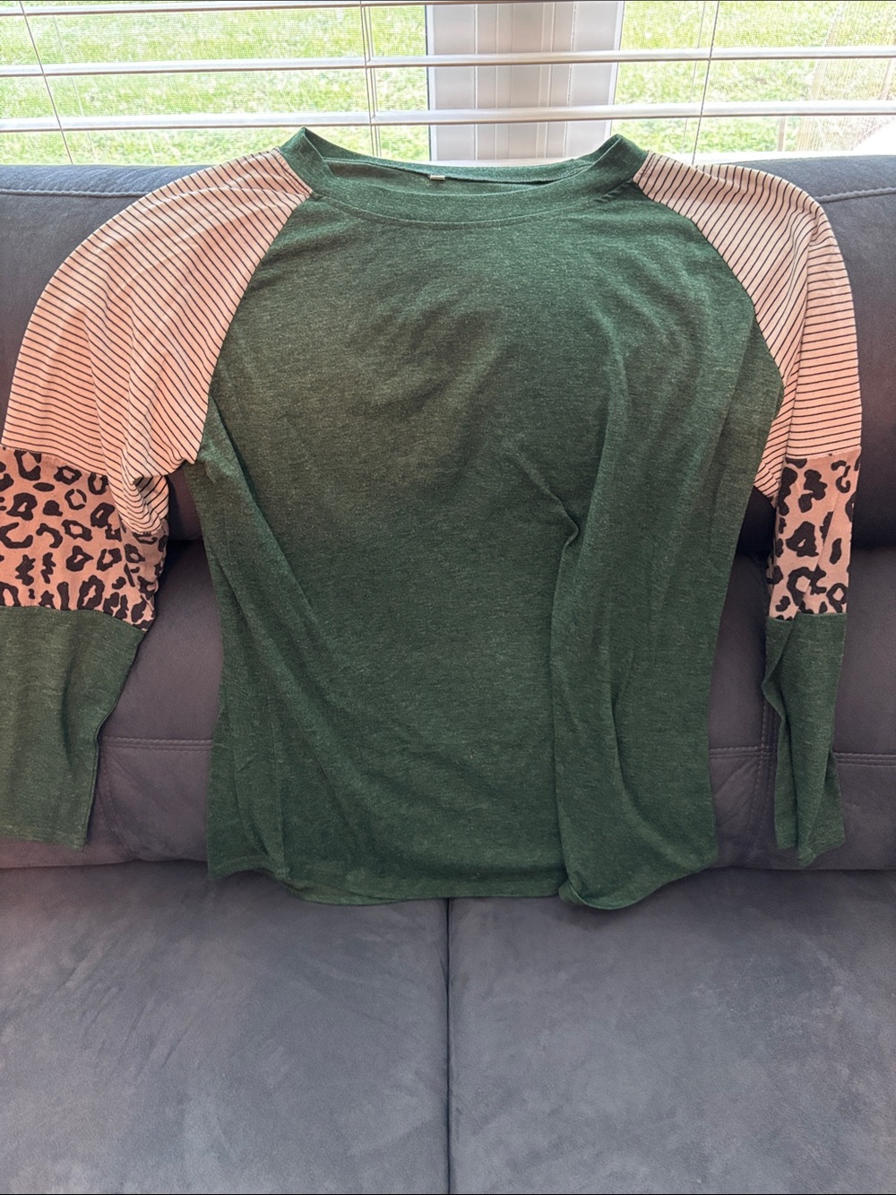 Woman’s ' Green Raglan Top with  Stripe & Leopard Accent